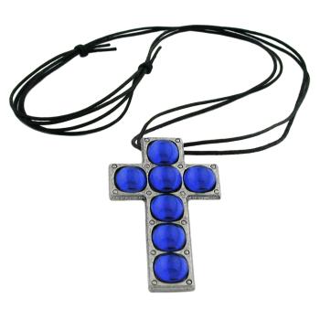 Kette 69x42mm Zinn-Anhänger Kreuz mit 7x Glasstein blau-safir 110cm