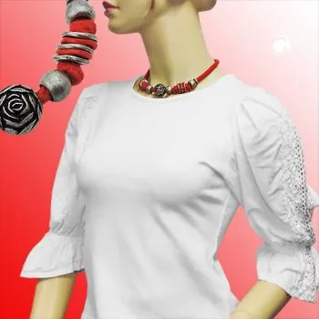 Kette Landhaus-Stil Kunststoffperle Rosenperle altsilber Kordel rot 42cm