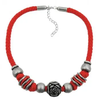 Kette Landhaus-Stil Kunststoffperle Rosenperle altsilber Kordel rot 42cm