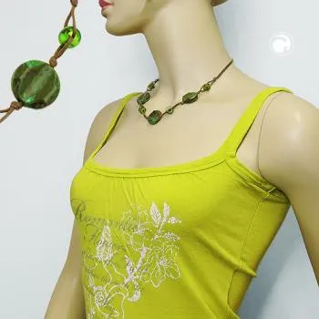 Kette 3x Scheibe Kunststoff khaki-grün-marmoriert Kordel hellbraun 45cm