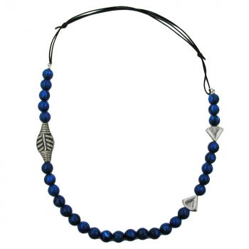 Kette Kunststoff Perlenkette blau altsilber Kordel blau 80cm