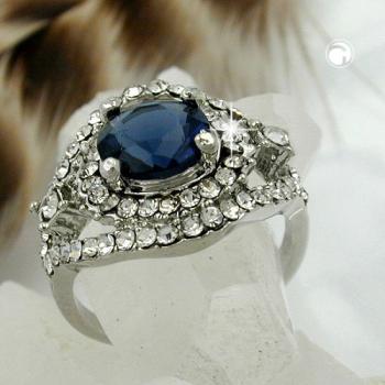 Ring 17mm großer blauer Glasstein mit kleinen weißen Glassteinen rhodiniert Ringgröße 54