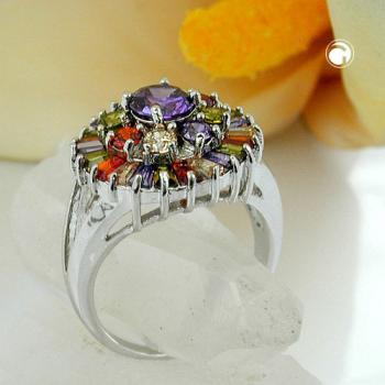 Ring 18mm lila Glasstein mit vielen bunten Glassteinen rhodiniert Ringgröße 56