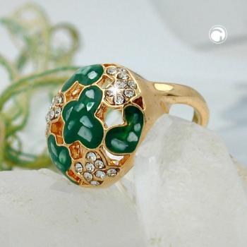 Ring 17mm mit weißen Glassteinen grün-emaillierten Flächen vergoldet Ringgröße 50