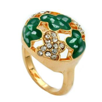 Ring 17mm mit weißen Glassteinen grün-emaillierten Flächen vergoldet Ringgröße 54