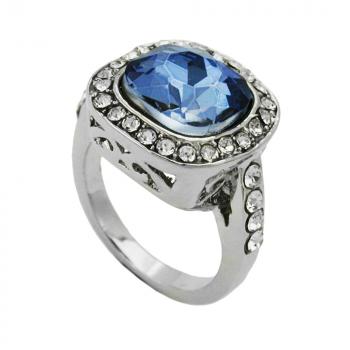 Ring 15,5mm großer blauer Glasstein mit kleinen weißen Zirkonias rhodiniert Ringgröße 50