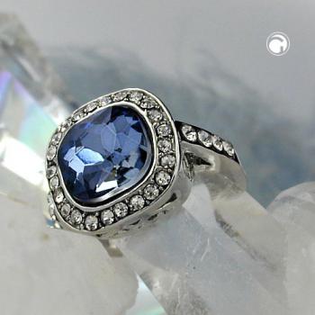 Ring 15,5mm großer blauer Glasstein mit kleinen weißen Zirkonias rhodiniert Ringgröße 54