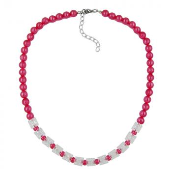 Kette Kunststoff-Perlen rot seidig-glänzend Walzenperle kristal AB 45cm