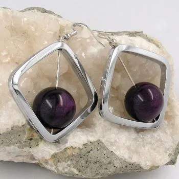 Ohrhaken Ohrhänger Ohrringe 58x39mm Viereckrahmen silber-glänzend mit Perle silber-lila Kunststoff
