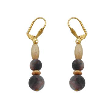 Ohrbrisur Ohrhänger Ohrringe 50mm goldfarben Holzperle natur und Kunststoffperle dunkel-horn