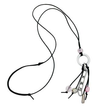 Kette Ring Aluminium hellgrau Perlen silberfarben rosa Kordel schwarz 80cm