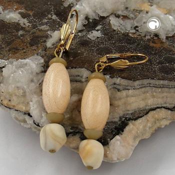Ohrbrisur Ohrhänger Ohrringe 52mm goldfarben Holzperle hell natur und Kunststoffperle hell beige marmoriert