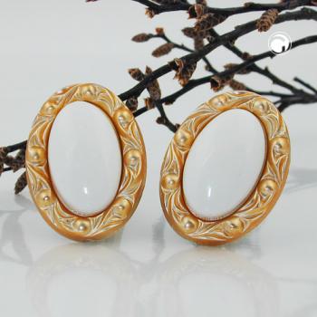 Clip Ohrring 30x21mm oval weiß mit Rahmen goldfarbig Kunststoff-Bouton