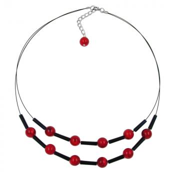 Kette Drahtkette 2-reihig rote Perlen und schwarze Röhrchen Kunststoffperlen 45cm