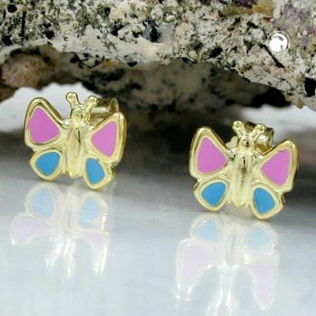 Ohrstecker Ohrring 7mm Schmetterling pink-hellblau 9Kt GOLD