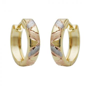 Creole Ohrring 11,5x3mm Klappscharnier tricolor diamantiert 9Kt GOLD