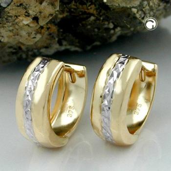 Creole Ohrring 12x5mm Klappscharnier bicolor diamantiert 9Kt GOLD