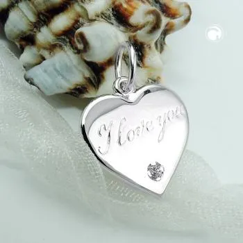 Anhänger 16mm Herz mit Schriftzug - I love you- und Zirkonia glänzend Silber 925