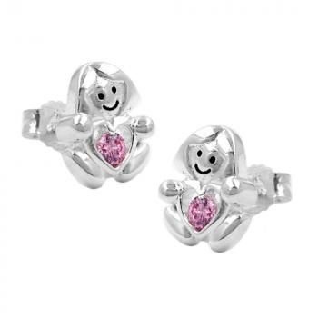 Ohrstecker Ohrring 95x8mm Kinderohrring Mädchen mit Herz Zirkonia pink glänzend Silber 925