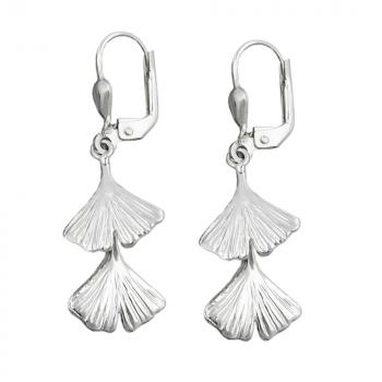 Ohrbrisur Ohrhänger Ohrringe 38x12mm Ginkgo-Blatt doppelt glänzend Silber 925