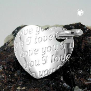 Anhänger 20x22mm Herz mit all-over-Prägung - I love you - glänzend Silber 925