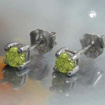 Ohrstecker Ohrring 3mm Glasstein oliv rhodiniert Silber 925