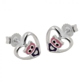 Ohrstecker Ohrring 8mm kleine Eule im Herz lila-pink glänzend Silber 925