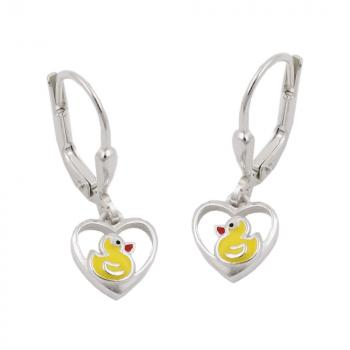 Ohrbrisur Ohrhänger Ohrringe 21x8mm kleine Ente im Herz farbig lackiert Silber 925