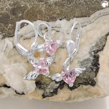 Set 13x8mm Anhänger und Ohrringe Herz-Zirkonia pink mit Flügeln Silber 925