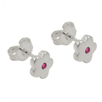 Ohrstecker Ohrring 6mm Kinderohrring Blume mit synthetischem Rubin pink farbig Silber 925