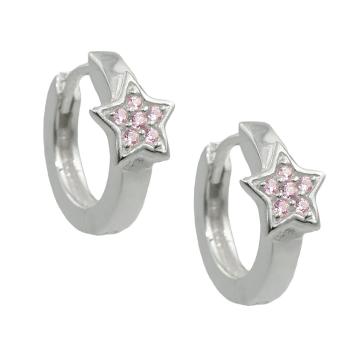 Creole 12x2mm Klappscharnier Stern mit Zirkonias pink Silber 925