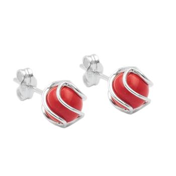 Ohrstecker Ohrring 7mm aufgearbeitete Koralle rot matt umwickelt Silber 925