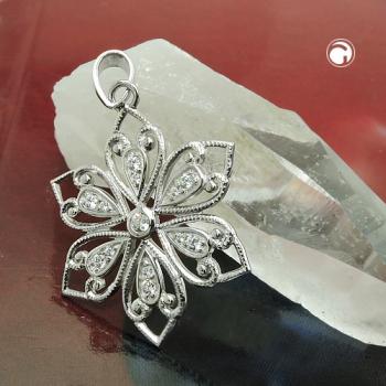 Anhänger 24mm filigrane Blume mit Zirkonias glänzend rhodiniert Silber 925