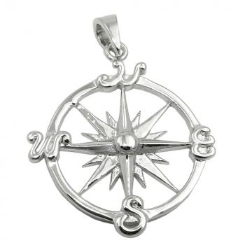 Anhänger 20mm Windrose Kompassrose glänzend rhodiniert Silber 925