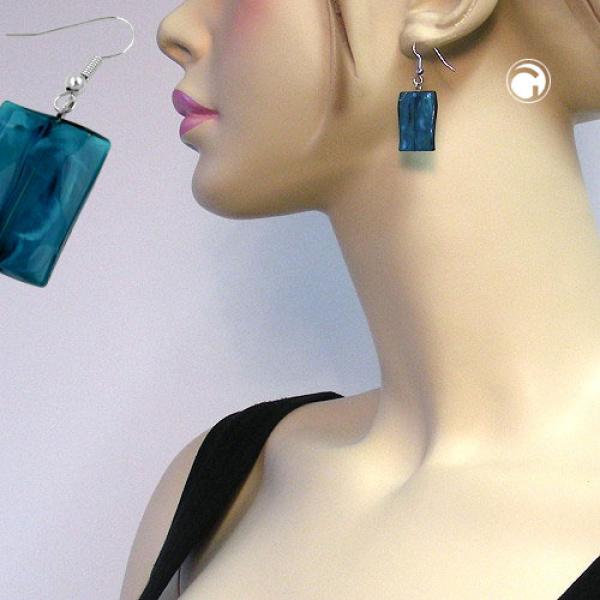 Ohrhaken Ohrhänger Ohrringe 45x17mm Viereck Kunststoff gewellt petrol-marmoriert glänzend