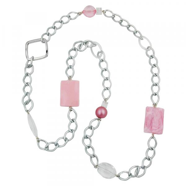 Kette Kunststoffperlen rosa transparent Weitpanzerkette Aluminium hellgrau 95cm