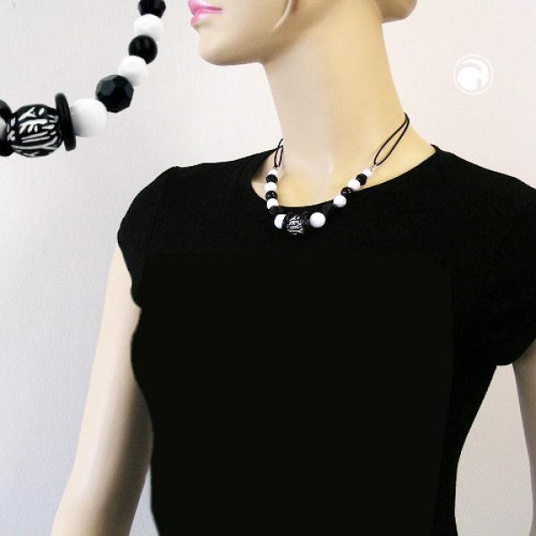 Kette Kunststoffperlen Schmuckperle schwarz-weiß Kordel schwarz 45cm Kette Kunststoffperlen Schmuckperle schwarz-weiß Kordel schwarz 45cm
