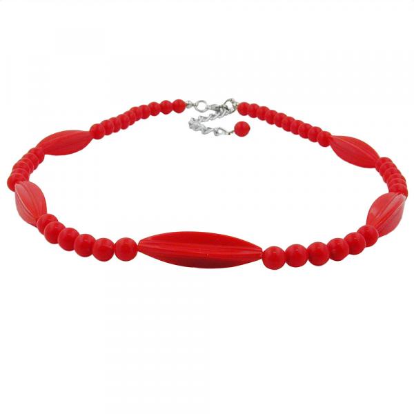 Kette Rillenolive und Perle rot Kunststoff Verschluss silberfarbig 42cm