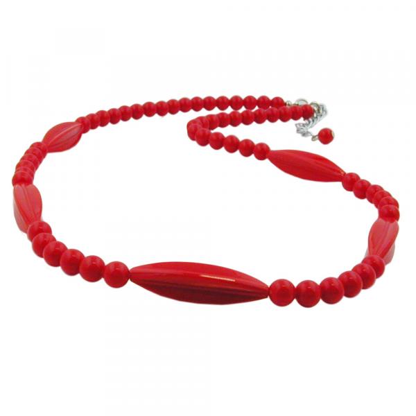 Kette Rillenolive und Perle rot Kunststoff Verschluss silberfarbig 50cm