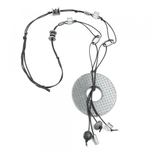 Kette 77mm Kunststoffanhänger Lochring altsilberfarben Kordel grau 90cm Kette 77mm Kunststoffanhänger Lochring altsilberfarben Kordel grau 90cm