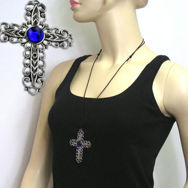 Kette 74x57mm Zinn-Anhänger Kreuz mit Glasstein blau-safir 110cm Kette 74x57mm Zinn-Anhänger Kreuz mit Glasstein blau-safir 110cm