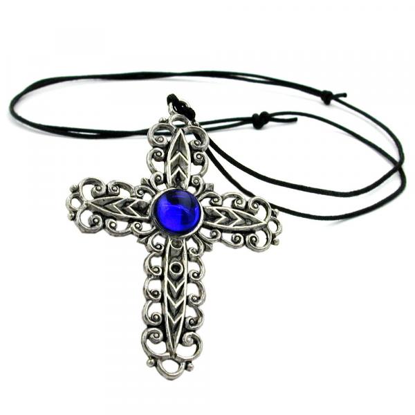 Kette 74x57mm Zinn-Anhänger Kreuz mit Glasstein blau-safir 110cm Kette 74x57mm Zinn-Anhänger Kreuz mit Glasstein blau-safir 110cm