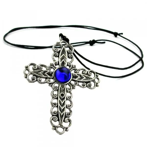 Kette 74x57mm Zinn-Anhänger Kreuz mit Glasstein blau-safir 110cm Kette 74x57mm Zinn-Anhänger Kreuz mit Glasstein blau-safir 110cm