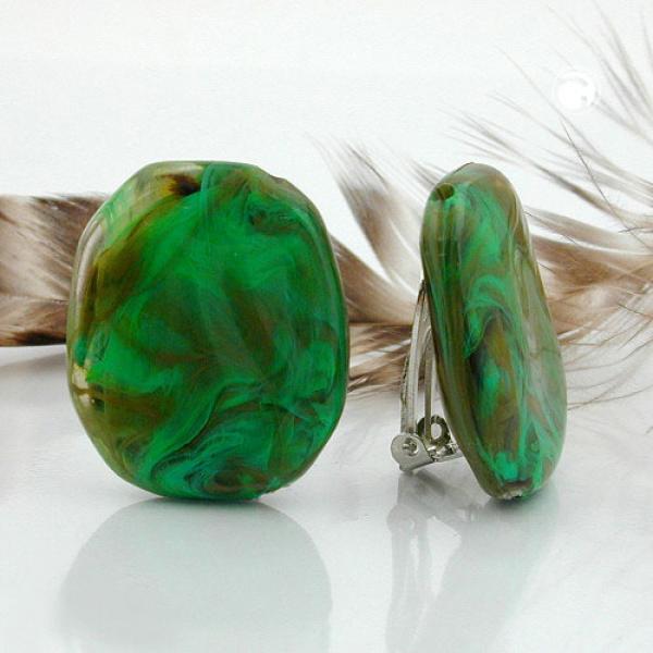 Clip Ohrring 28x23mm Kiesel grün-khaki-braun-marmoriert glänzend Kunststoff-Bouton Clip Ohrring 28x23mm Kiesel grün-khaki-braun-marmoriert glänzend Kunststoff-Bouton