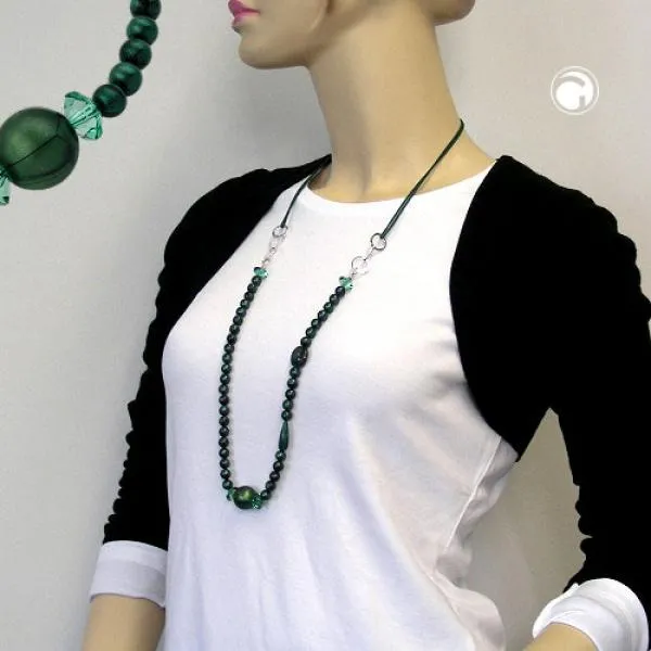 Kette Kunststoffperlen grün-seidig-glänzend Ringe rhodiniert Kordel grün 90cm Kette Kunststoffperlen grün-seidig-glänzend Ringe rhodiniert Kordel grün 90cm