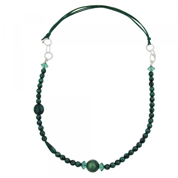 Kette Kunststoffperlen grün-seidig-glänzend Ringe rhodiniert Kordel grün 90cm Kette Kunststoffperlen grün-seidig-glänzend Ringe rhodiniert Kordel grün 90cm