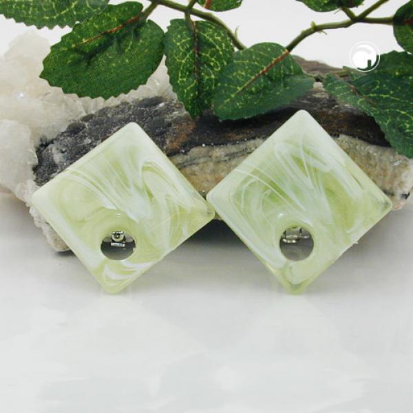 Clip Ohrring 25x25mm Viereck mit Loch lindgrün-marmoriert Kunststoff-Bouton Clip Ohrring 25x25mm Viereck mit Loch lindgrün-marmoriert Kunststoff-Bouton