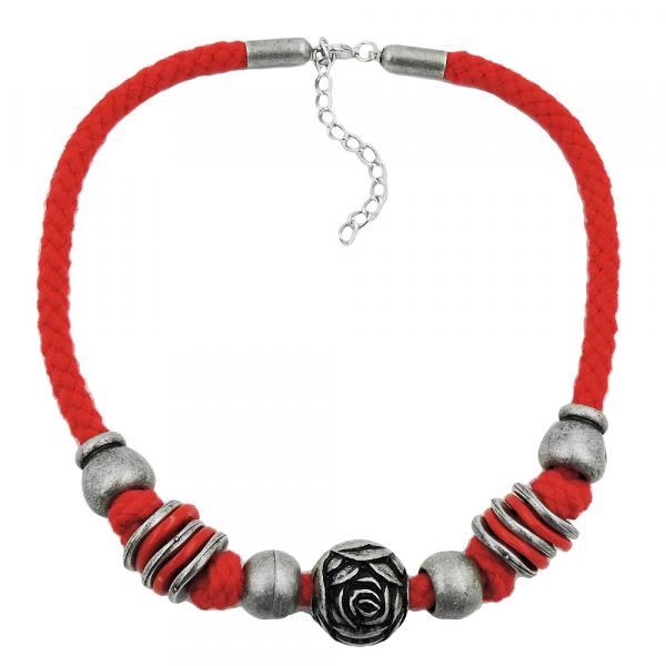 Kette Landhaus-Stil Kunststoffperle Rosenperle altsilber Kordel rot 42cm Kette Landhaus-Stil Kunststoffperle Rosenperle altsilber Kordel rot 42cm
