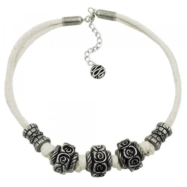 Kette Landhaus-Stil Kunststoffperle Rosenwalze altsilber Kordel natur 40cm Kette Landhaus-Stil Kunststoffperle Rosenwalze altsilber Kordel natur 40cm