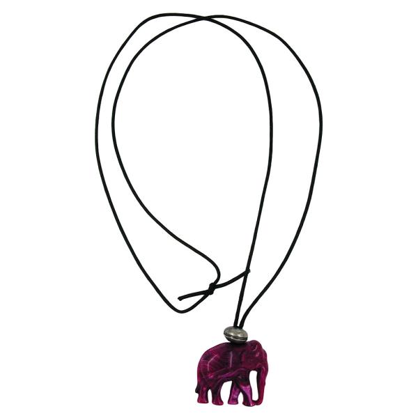 Kette 35x32x18mm Elefant Kunststoff fuchsia-weiß marmoriert Kordel schwarz 100cm